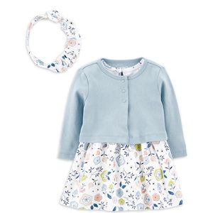 Carter's Baby Girl 3 Piece Dress Set With Cardigan And Headband 0-3 Months